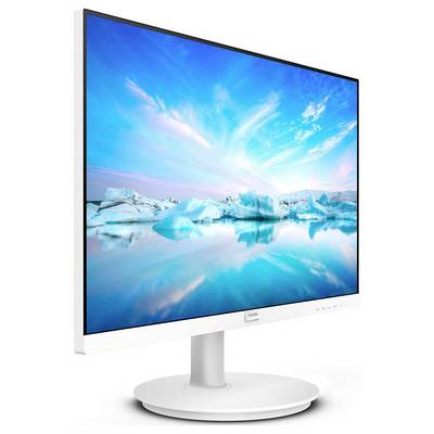 Ein Monitor mit einem Bild von einer arktischen Landschaft, zeigt blauen Himmel und Eisberge, auf einem weißen Standfuß platziert.