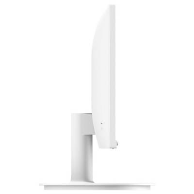Ein weißer Computermonitor von der Seite, zeigt ein schlankes, minimalistisches Design ohne sichtbare Bedienelemente oder Kabel.