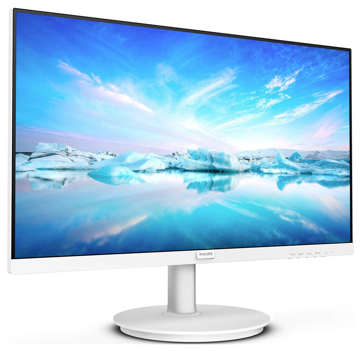 Ein Computerbildschirm zeigt eine atemberaubende Landschaft mit einem ruhigen See und schneebedeckten Bergen unter klarem Himmel.