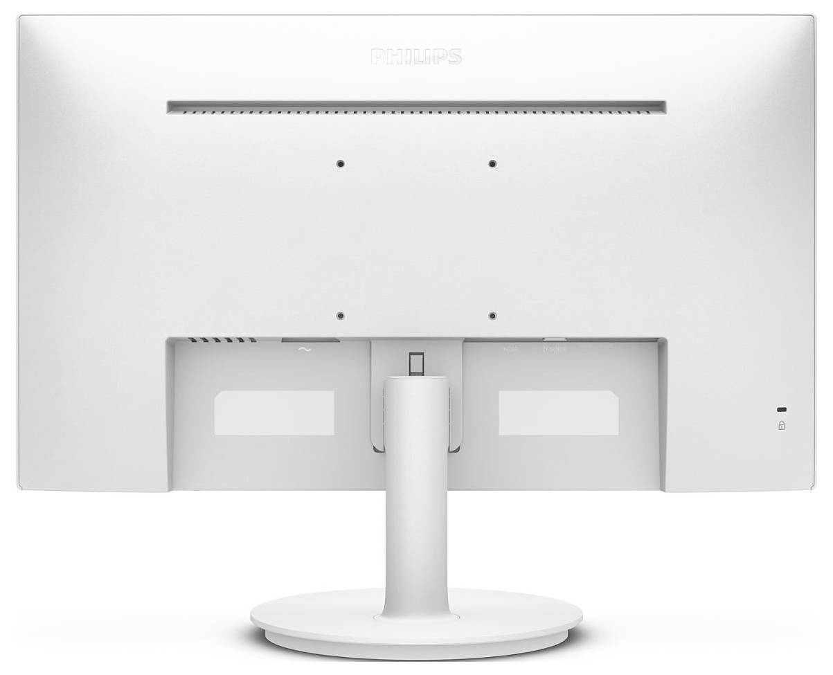 Ein weißer Computermonitor von hinten betrachtet, zeigt die Halterung und Belüftungsschlitze.