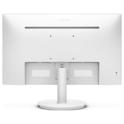 Ein weißer Computermonitor von hinten betrachtet, zeigt die Halterung und Belüftungsschlitze.