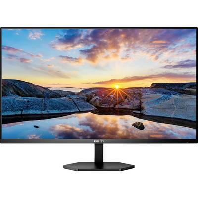 Ein Flachbildschirm von Philips zeigt eine Landschaft mit Sonnenuntergang über Felsen und Wasser, das den Himmel widerspiegelt.