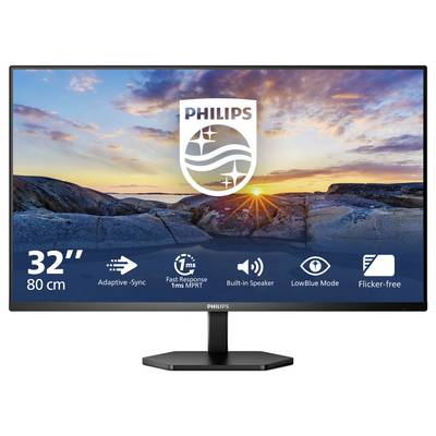 Ein 32-Zoll-Philips-Monitor zeigt felsige Landschaft bei Sonnenaufgang. Symbole unten: Adaptive Sync, 1ms Reaktionszeit, Lautsprecher, LowBlue- und flimmerfreier Modus.