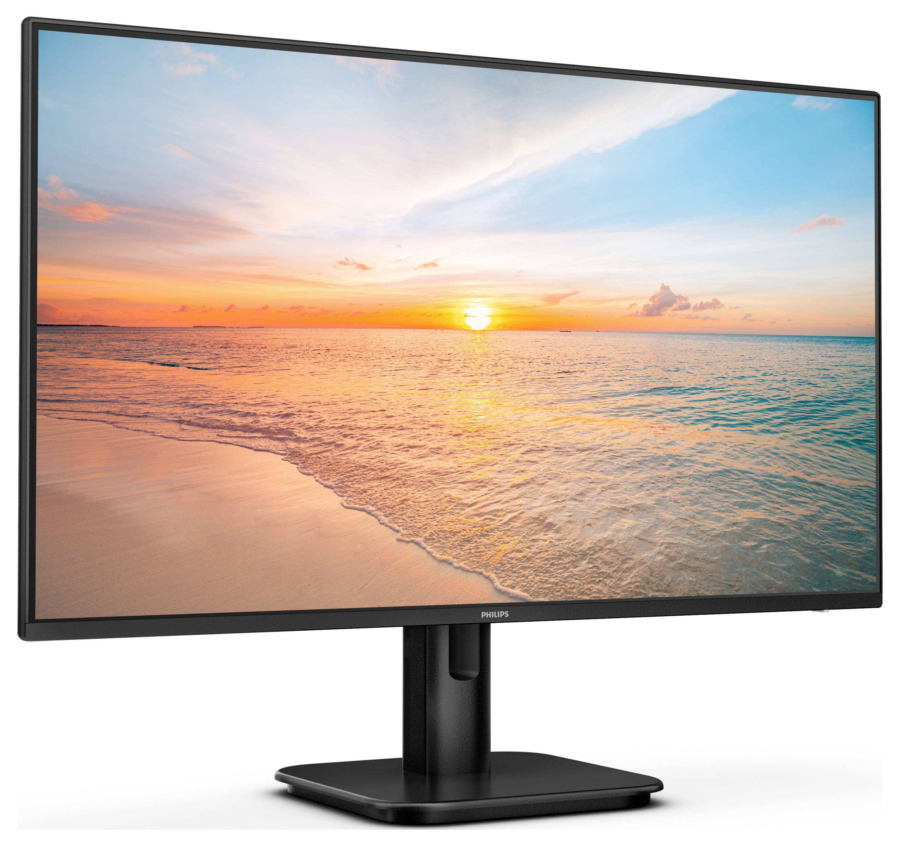 Ein Computermonitor zeigt ein lebhaftes Strandbild bei Sonnenuntergang mit ruhigem Meer und farbenfrohem Himmel.