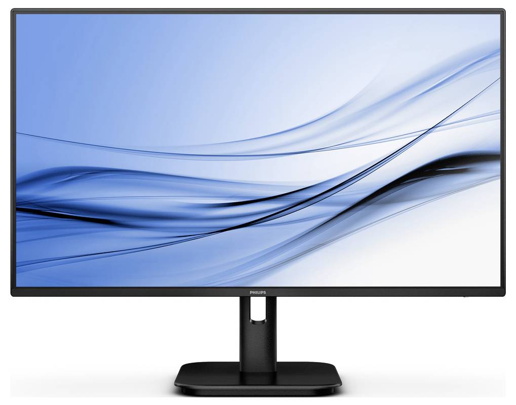 Ein Flachbildschirm-Monitor mit schwarzem Rahmen zeigt ein minimalistisches, wellenartiges blau-weißes Design auf dem Display.