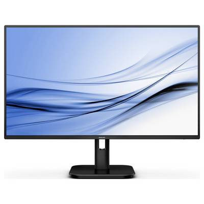 Ein Flachbildschirm-Monitor mit schwarzem Rahmen zeigt ein minimalistisches, wellenartiges blau-weißes Design auf dem Display.