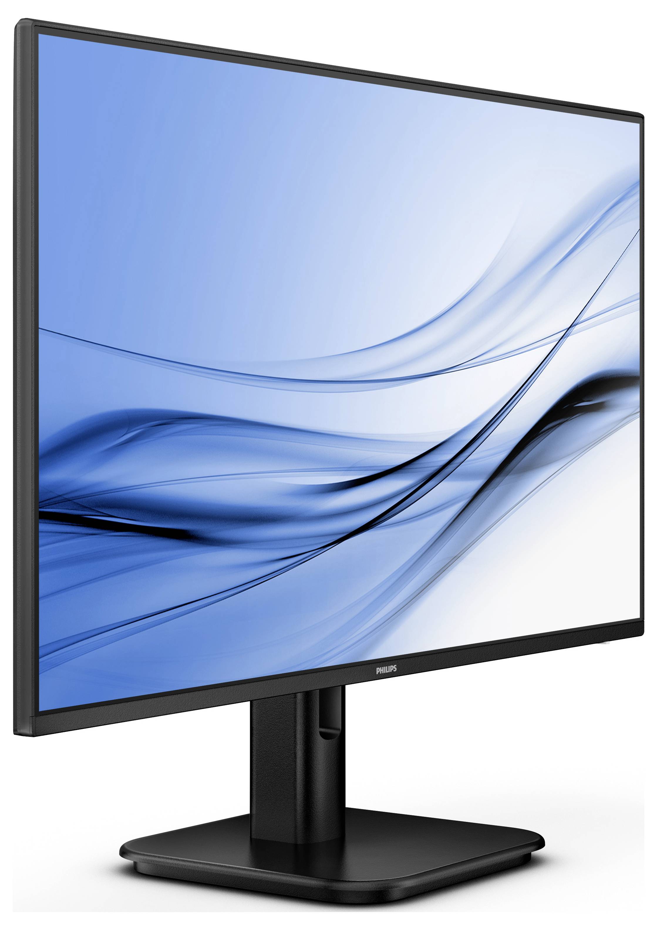 Ein Computer-Monitor mit schwarzem Rahmen und Standfuß, zeigt ein abstraktes blau-weißes Wellenmuster auf dem Bildschirm.