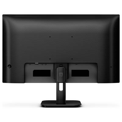 Rückansicht eines schwarzen Computerbildschirms mit modernem Design. Der Standfuß ist höhenverstellbar und bietet verschiedene Anschlüsse.