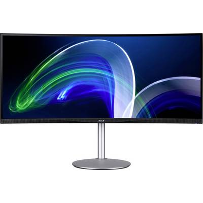 Breiter Computerbildschirm mit leuchtenden blauen und grünen Lichteffekten auf schwarzem Hintergrund, auf silbernem Standfuß.