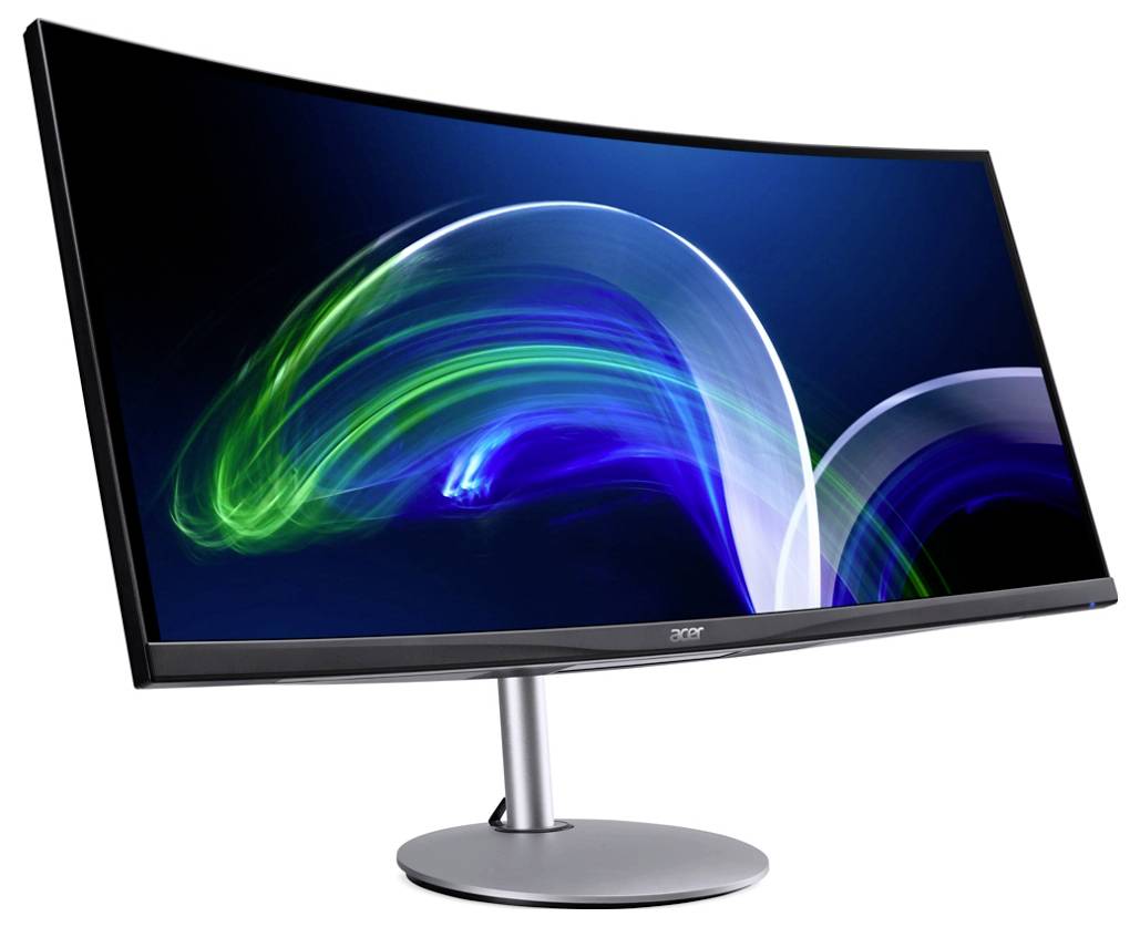 Ein gebogener Monitor mit silbernem Standfuß zeigt eine abstrakte blaue und grüne Lichtgrafik auf schwarzem Hintergrund.
