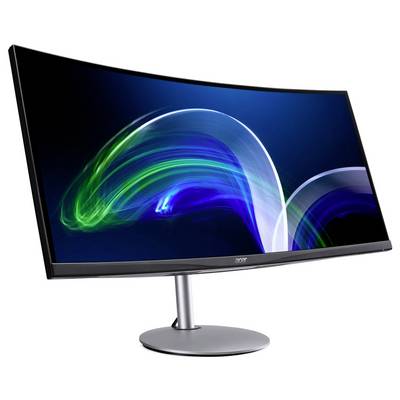 Ein gebogener Monitor mit silbernem Standfuß zeigt eine abstrakte blaue und grüne Lichtgrafik auf schwarzem Hintergrund.