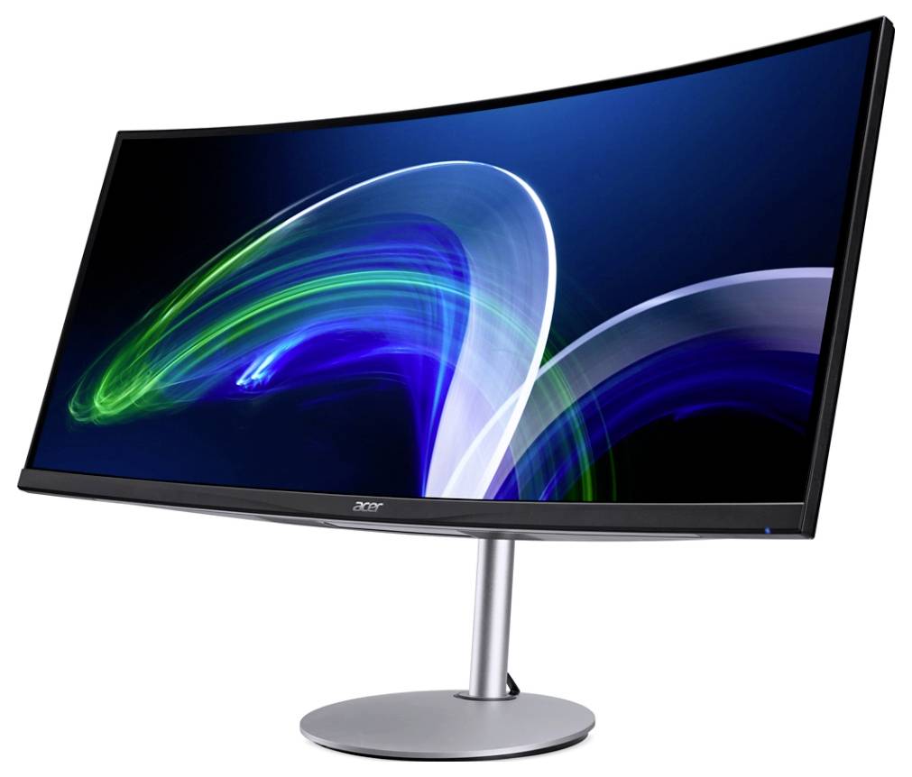 Ultrabreiter, gebogener Computerbildschirm mit modernem Design und blau-grünen Lichtakzenten auf schwarzem Hintergrund.