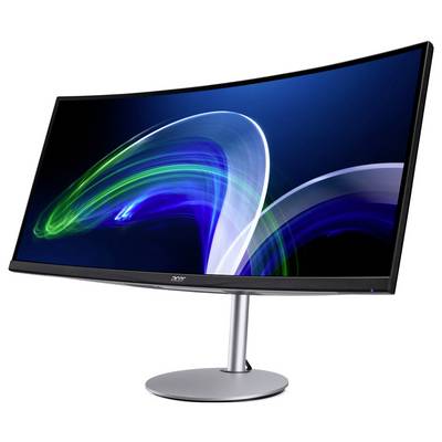 Ultrabreiter, gebogener Computerbildschirm mit modernem Design und blau-grünen Lichtakzenten auf schwarzem Hintergrund.