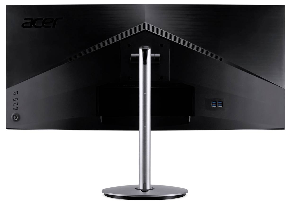 Ein Monitor von hinten, zeigt den Standfuß und Anschlüsse auf der Rückseite. Das Acer-Logo ist oben links sichtbar.