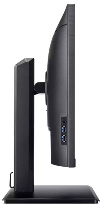 Seitenansicht eines Computermonitors in schwarzem Design auf einem rechteckigen Standfuß. Drei USB-Anschlüsse an der Seite sichtbar.
