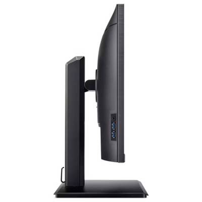 Seitenansicht eines Computermonitors in schwarzem Design auf einem rechteckigen Standfuß. Drei USB-Anschlüsse an der Seite sichtbar.
