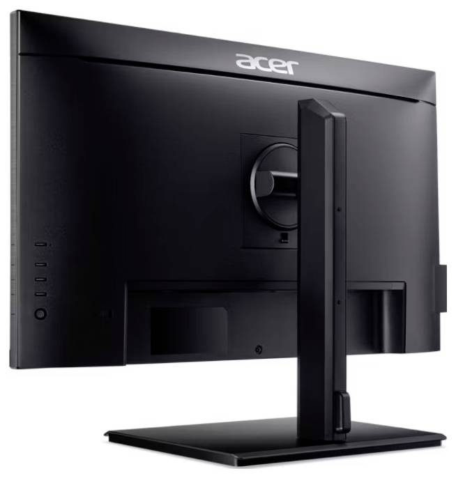 Ein schwarzer Computermonitor von hinten, zeigt den Standfuß und Rückwand, geeignet für Büro- oder Heimarbeitsplatz.