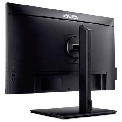 Ein schwarzer Computermonitor von hinten, zeigt den Standfuß und Rückwand, geeignet für Büro- oder Heimarbeitsplatz.