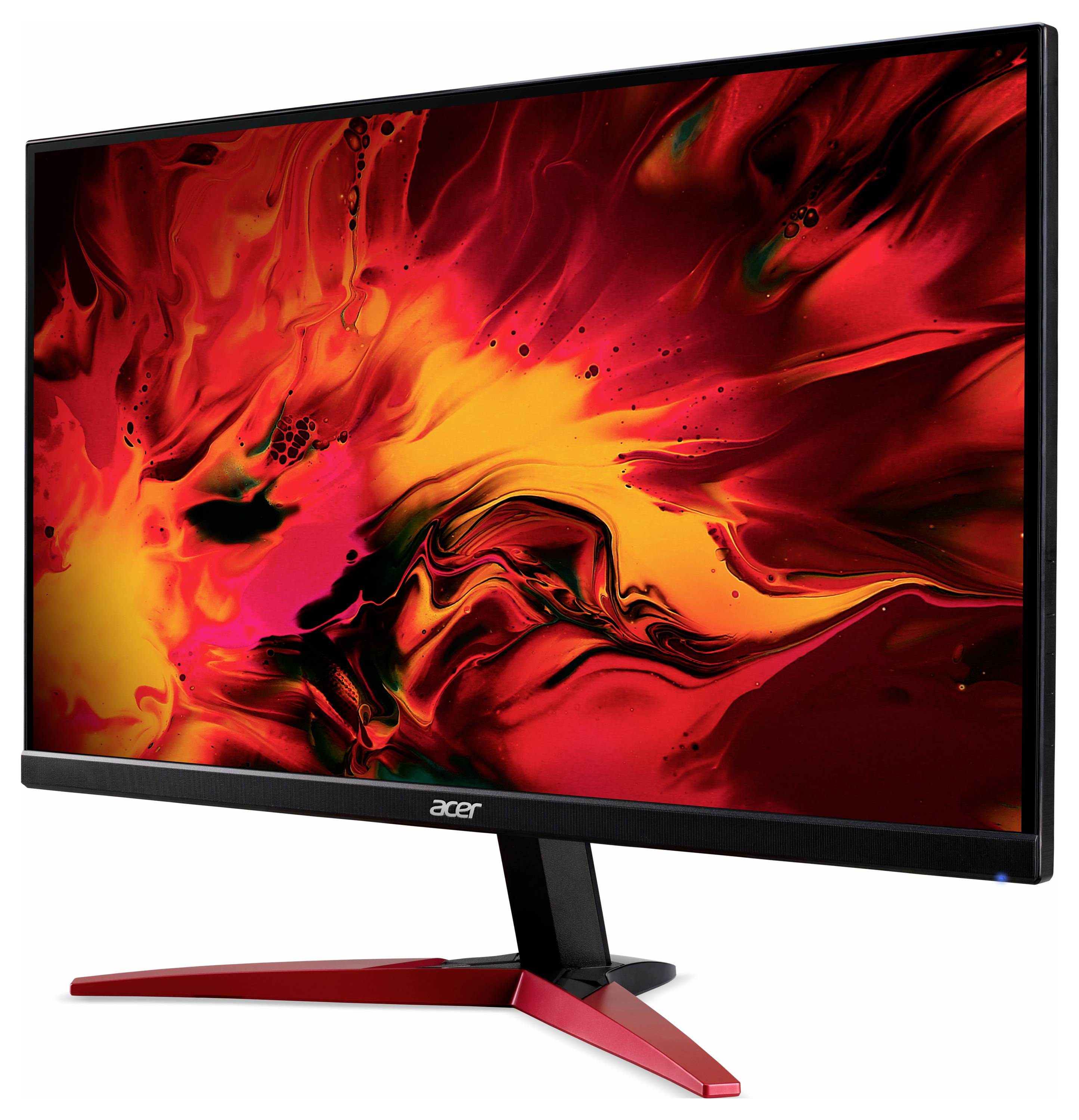 Ein Monitor mit schwarzem Rahmen und rotem Ständer zeigt ein abstraktes, buntes Bild in Rot- und Gelbtönen auf dem Bildschirm.