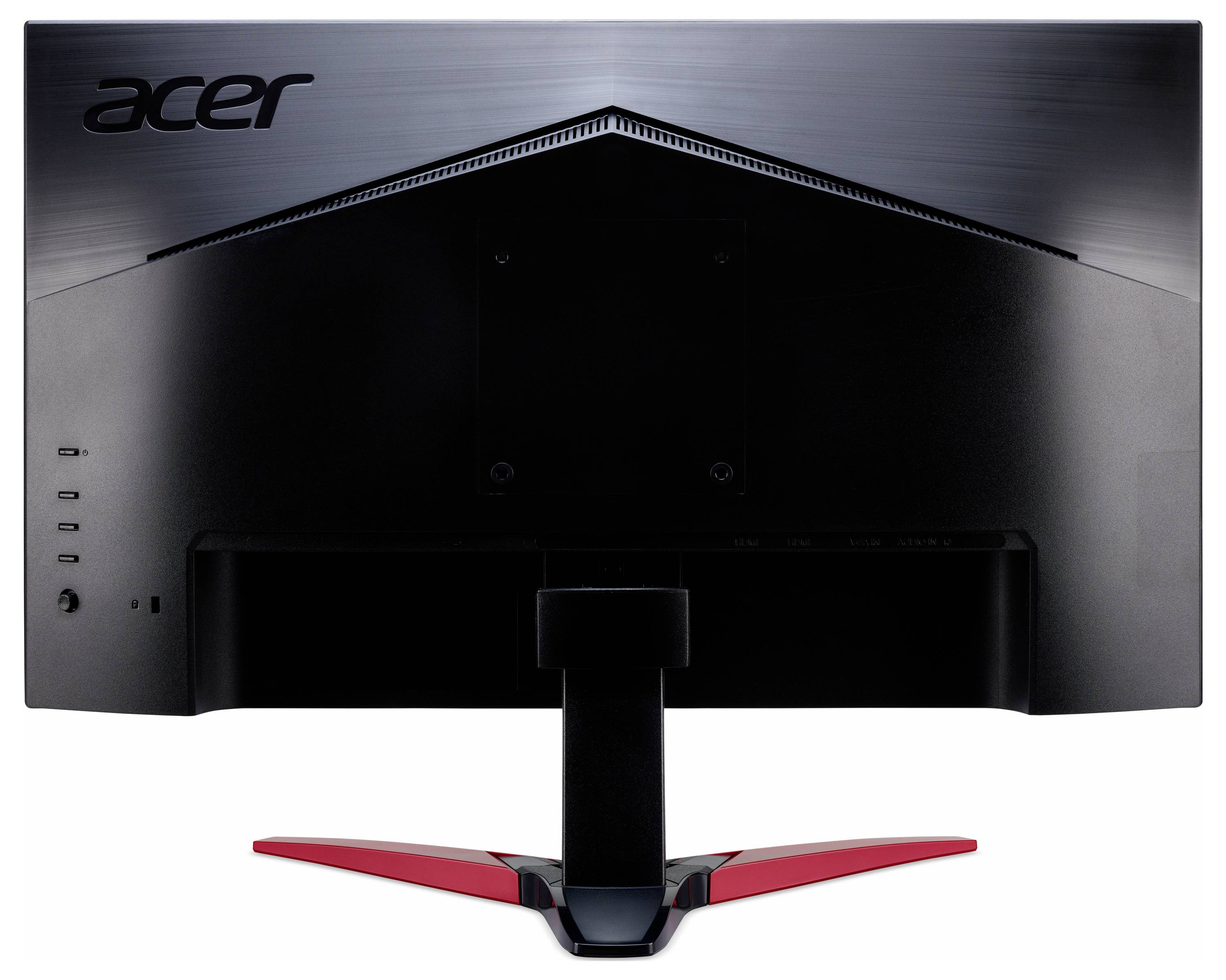 Ein schwarzer Acer Computermonitor von hinten mit rotem Standfuß.