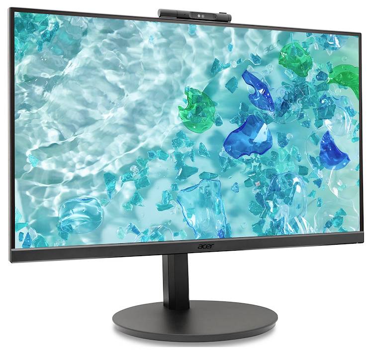 Ein Computerbildschirm mit einem Hintergrundbild von grün-blauen Plastikstücken, die im Wasser schweben.