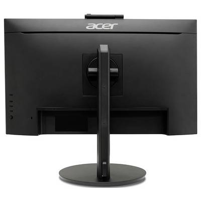 Ein Acer-Computermonitor von hinten, schwarz mit einem runden Standfuß. Die Marke 'Acer' steht oben auf der Rückseite des Bildschirms.