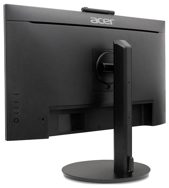 Ein Monitor von hinten betrachtet, schwarzes Gehäuse, auf einem runden Standfuß, Markenlogo oben sichtbar.