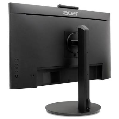 Ein Monitor von hinten betrachtet, schwarzes Gehäuse, auf einem runden Standfuß, Markenlogo oben sichtbar.