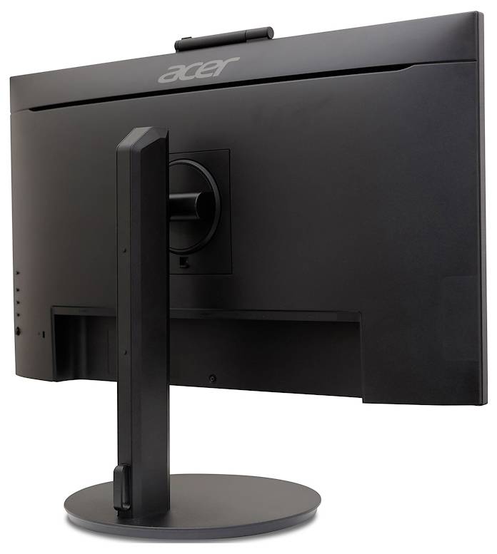 Rückansicht eines schwarzen Acer-Computermonitors auf einem runden Standfuß mit drehbarer Halterung.