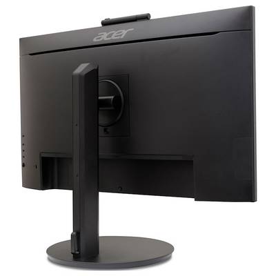 Rückansicht eines schwarzen Acer-Computermonitors auf einem runden Standfuß mit drehbarer Halterung.