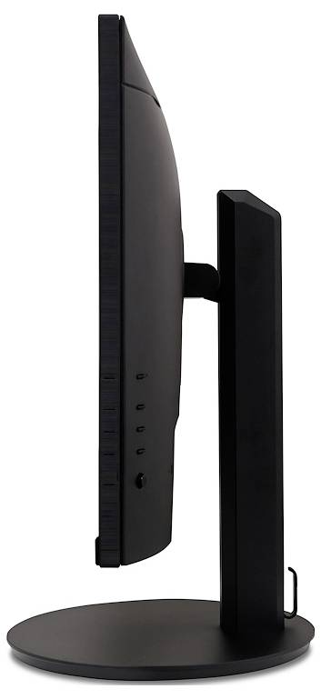 Flacher Computermonitor von der Seite, schwarzes Design mit rundem Standfuß.