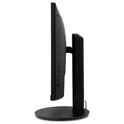 Flacher Computermonitor von der Seite, schwarzes Design mit rundem Standfuß.