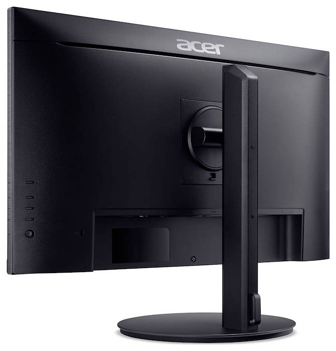 Ein Acer-Monitor von hinten, schwarz, mit einem runden Standfuß und verstellbarem Bildschirm.