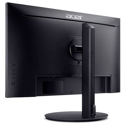 Ein Acer-Monitor von hinten, schwarz, mit einem runden Standfuß und verstellbarem Bildschirm.