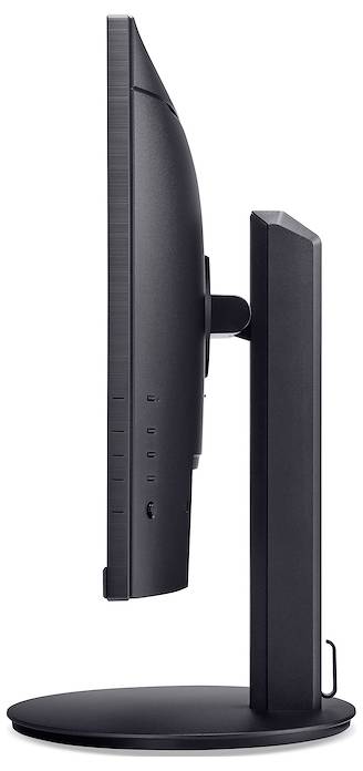 Seitenansicht eines schwarzen Computerbildschirms, der vertikal steht. Das Design ist schlank und modern, ideal für Büros.