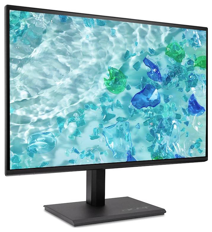 Ein Computermonitor zeigt einen Bildschirmhintergrund mit blauen und grünen Glasstücken in klarem Wasser.