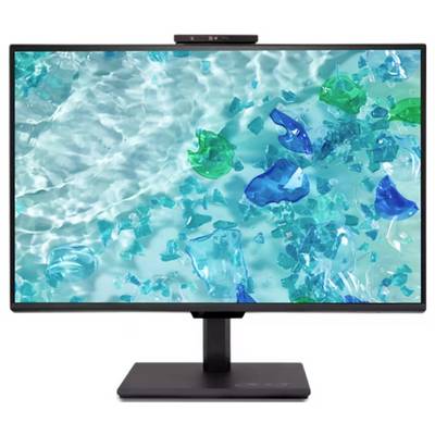 Ein Monitor zeigt ein Bild von blauem Wasser mit bunten Glasstücken.
