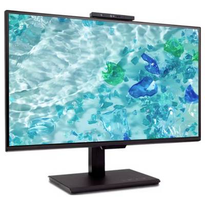 Ein Flachbildschirm-Monitor zeigt ein Bild von kristallklarem Wasser mit blauen und grünen Glaselementen. Der Monitor hat eine Webcam oben.