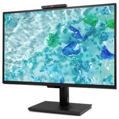 Ein Monitor zeigt ein Bild von Wasser mit grün und blau schimmernden Glasstücken. Das Bild wirkt beruhigend und ästhetisch.