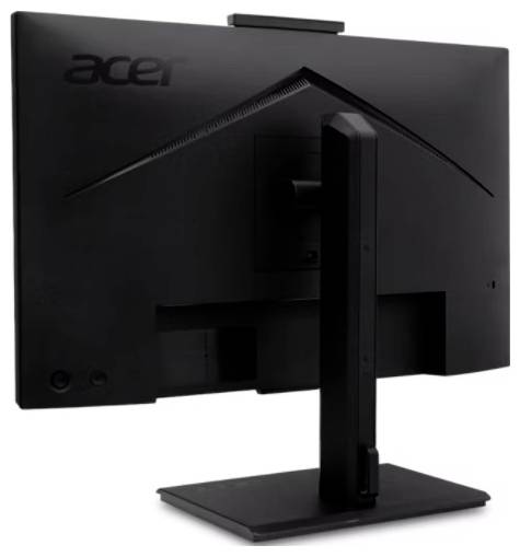'Rückansicht eines schwarzen Acer Computermonitors mit rechteckigem Standfuß.'