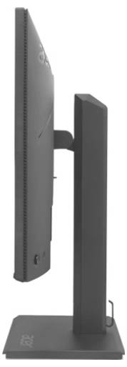 Ein moderner Computerbildschirm im schmalen Profil von der Seite gezeigt, auf einem rechteckigen Standfuß.