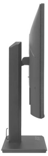 Seitenansicht eines modernen Computermonitors mit schmalem Rahmen, dunkelgrauer Standfuß, schlankes Design, vor weißem Hintergrund.