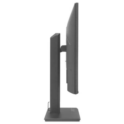 Seitenansicht eines modernen Computermonitors mit schmalem Rahmen, dunkelgrauer Standfuß, schlankes Design, vor weißem Hintergrund.
