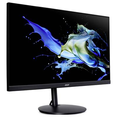 Computer-Monitor von Acer mit modernem, randlosem Design. Auf dem Bildschirm ist ein abstraktes, dynamisches Kunstwerk in blau-grünen Farben zu sehen.
