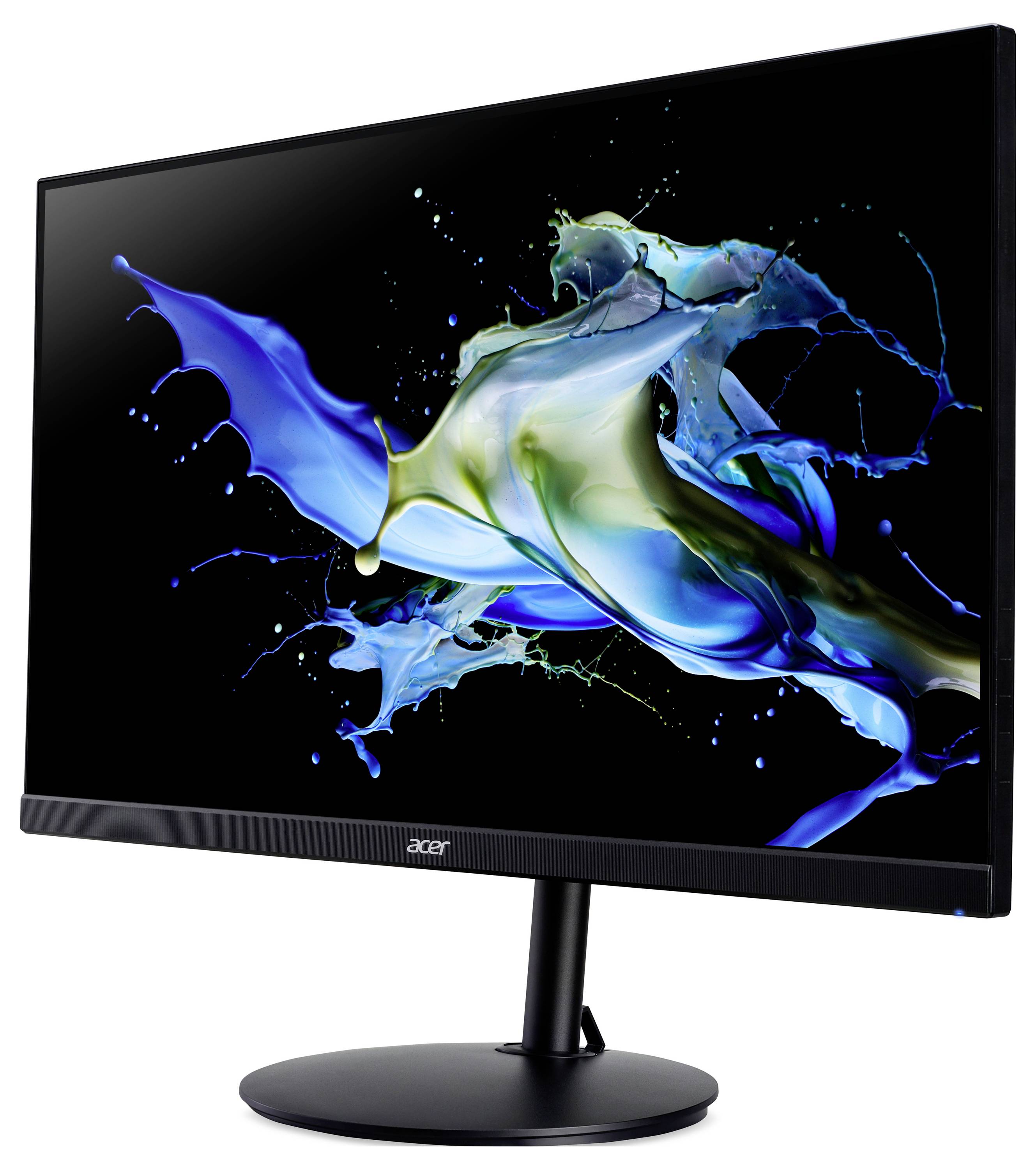 Ein Computerbildschirm mit einem abstrakten blauen und grünen Farbspritzer auf dem Display vor weißem Hintergrund.