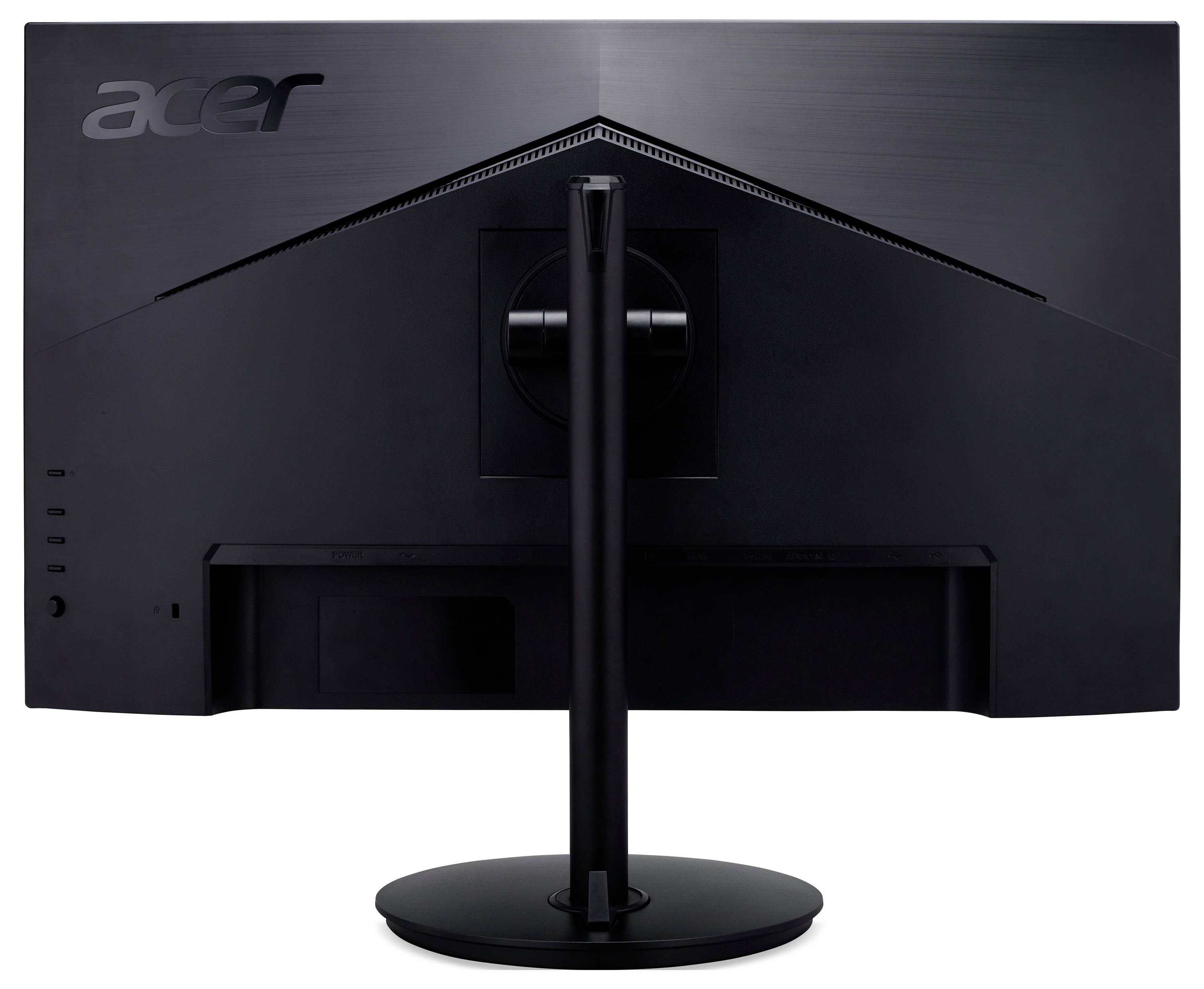 Ein schwarzer Computerbildschirm von hinten betrachtet. Das Acer-Logo ist oben links sichtbar. Der Monitor hat einen stabilen Standfuß.