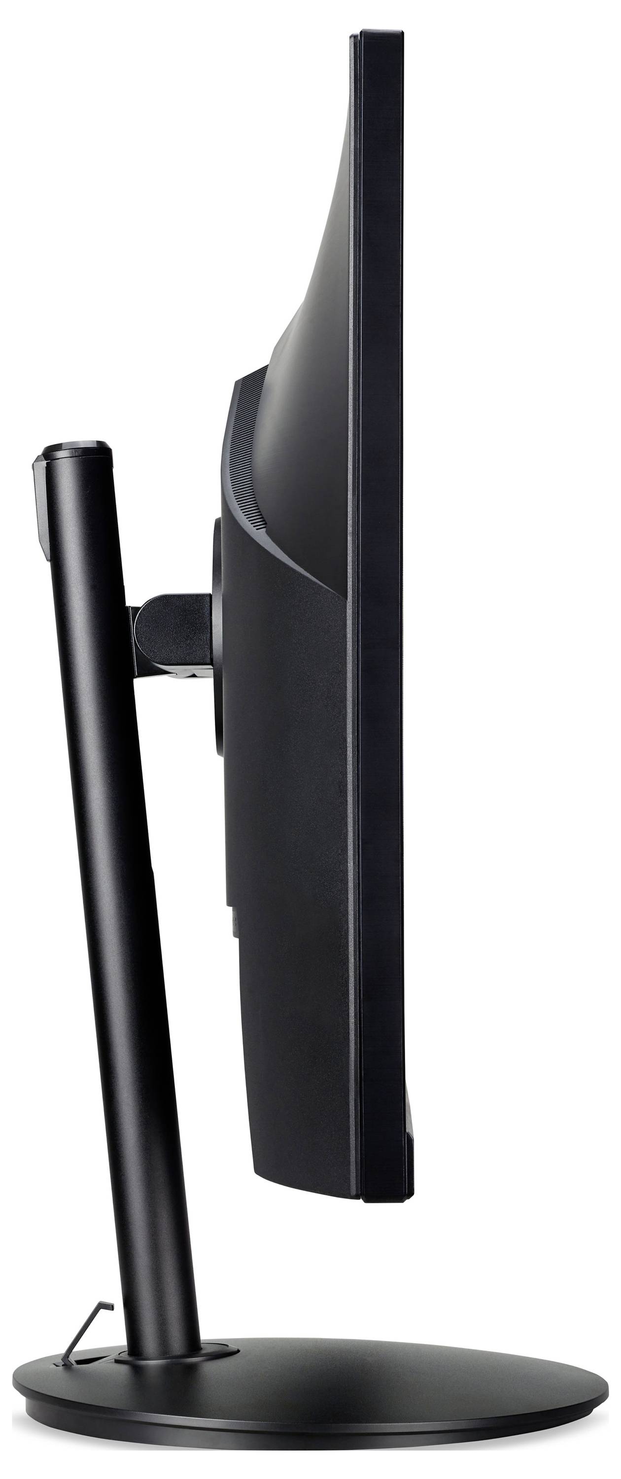Seitenansicht eines schlanken Computerbildschirms auf einem runden Standfuß, vertikal einstellbar, schwarzes Gehäuse.