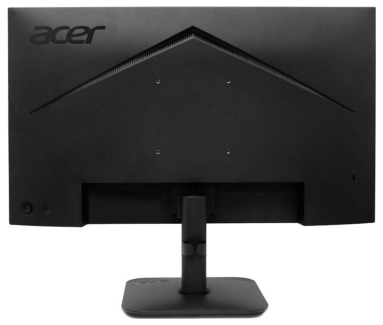 Ein schwarzer Acer-Monitor von hinten, zeigt den Standfuß und die Rückseite mit dem Logo oben links.