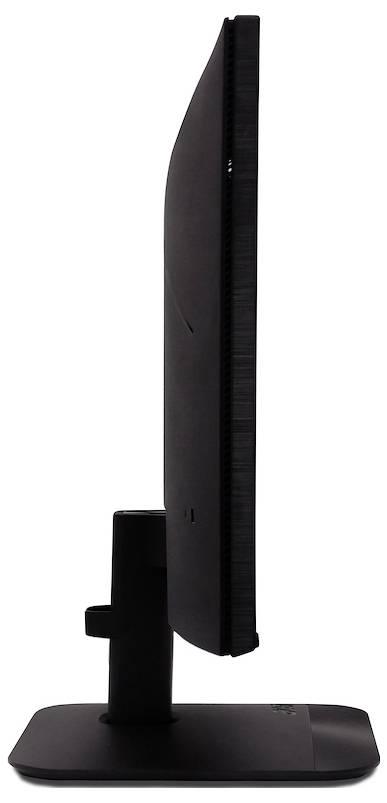 Ein schlanker Computermonitor von der Seite betrachtet, mit einem schmalen Rahmen und einem stabilen Standfuß.