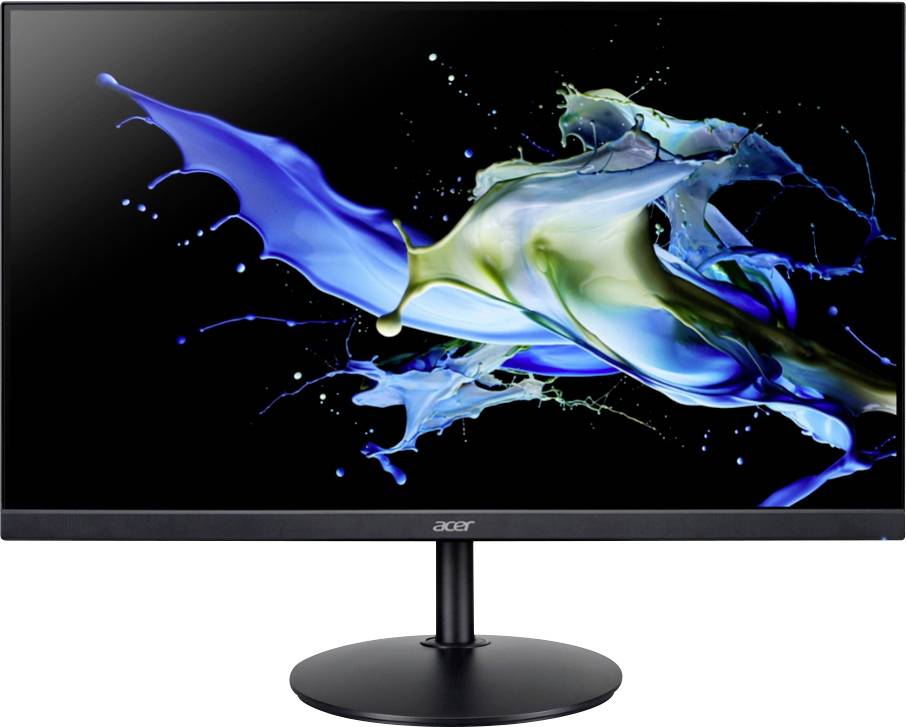 Ein schwarzer Computermonitor zeigt auf dem Bildschirm bunte, abstrakte Farbkleckse in Blau, Grün und Gelb.